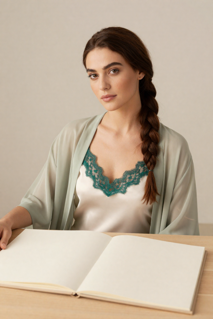 Fictional 29-year-old woman in an ivory camisole with teal lace at a desk with an open blank album